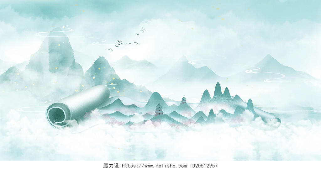 绿色手绘水墨风古风中国风山水卷轴唯美展板背景古风卷轴